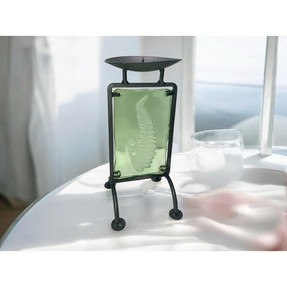 Cast Iron Metal & Leaf Fossil Art Green Glass Candle Holder- 10”x4.5